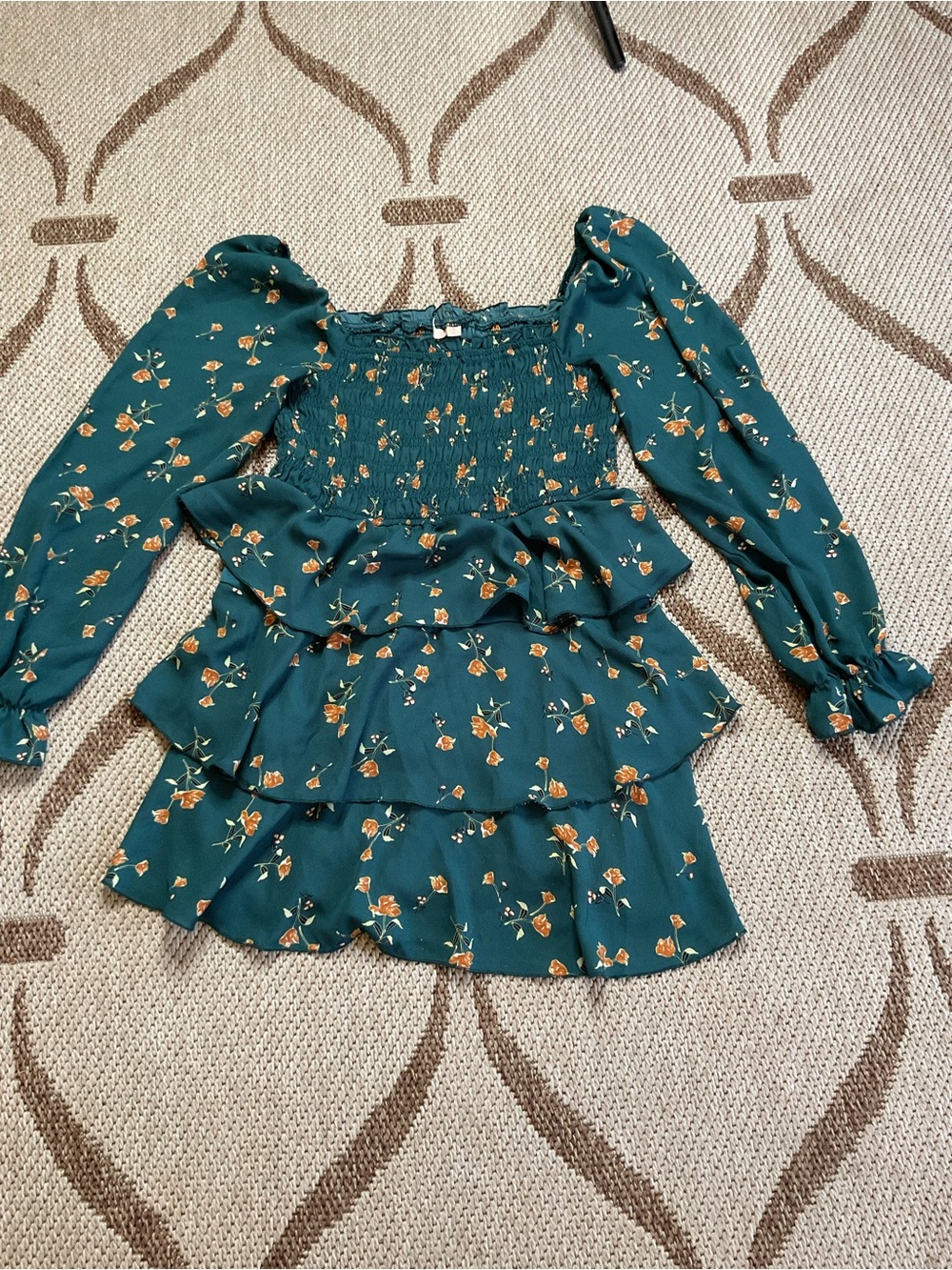 Smocked Ruffle Floral Peasant Dress - Teal Green